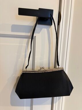 Elegant Black satin Evening Clutch with Rhinestone Trim and removable strap